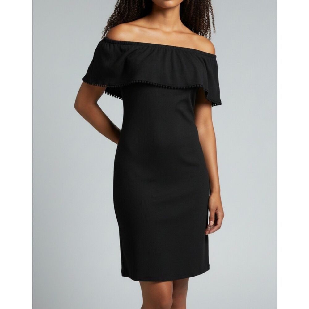 WAYF Black Ribbed Off-the-Shoulder Mini Dress Pom-Pom Ric-Rac Trim Size Small